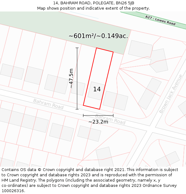 14, BAHRAM ROAD, POLEGATE, BN26 5JB: Plot and title map