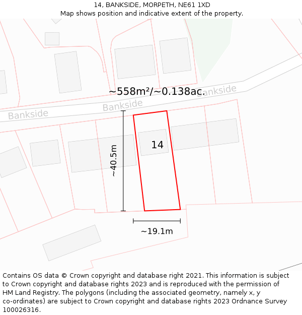 14, BANKSIDE, MORPETH, NE61 1XD: Plot and title map