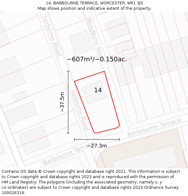 14, BARBOURNE TERRACE, WORCESTER, WR1 3JS: Plot and title map