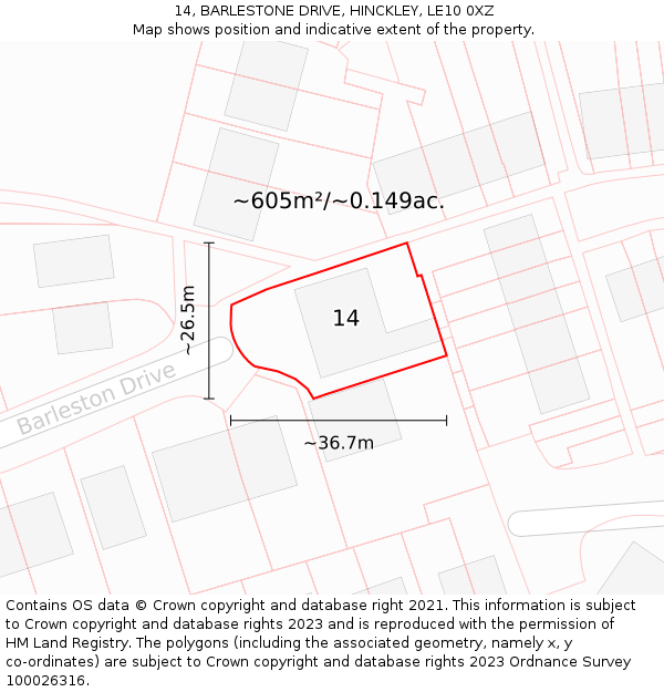 14, BARLESTONE DRIVE, HINCKLEY, LE10 0XZ: Plot and title map