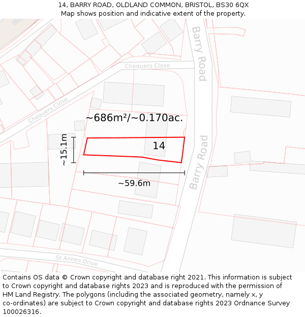 14, BARRY ROAD, OLDLAND COMMON, BRISTOL, BS30 6QX: Plot and title map