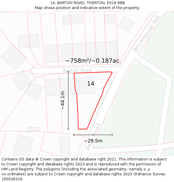 14, BARTON ROAD, TIVERTON, EX16 6BB: Plot and title map