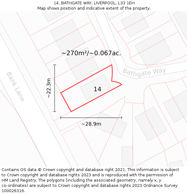 14, BATHGATE WAY, LIVERPOOL, L33 1EH: Plot and title map