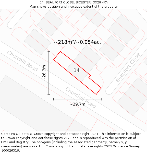 14, BEAUFORT CLOSE, BICESTER, OX26 4XN: Plot and title map