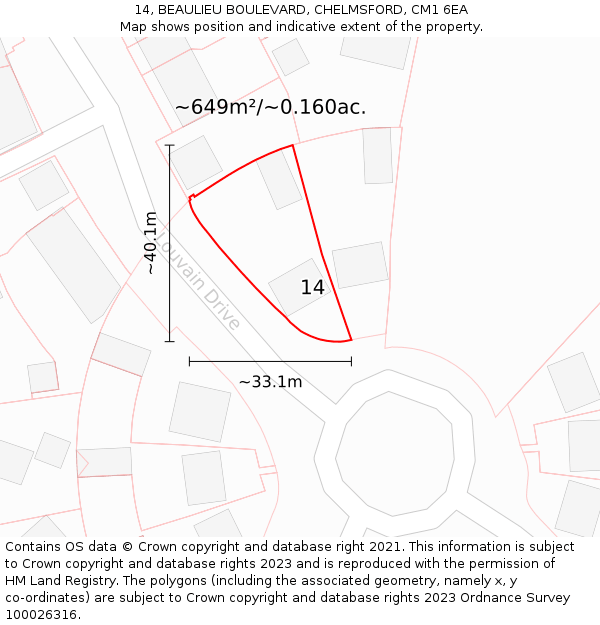 14, BEAULIEU BOULEVARD, CHELMSFORD, CM1 6EA: Plot and title map