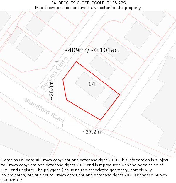 14, BECCLES CLOSE, POOLE, BH15 4BS: Plot and title map