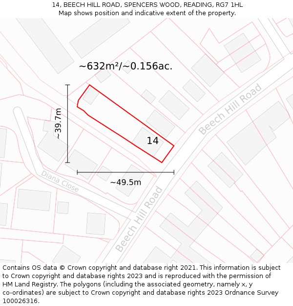 14, BEECH HILL ROAD, SPENCERS WOOD, READING, RG7 1HL: Plot and title map