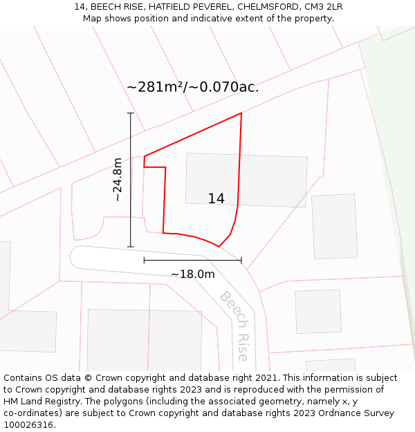 14, BEECH RISE, HATFIELD PEVEREL, CHELMSFORD, CM3 2LR: Plot and title map