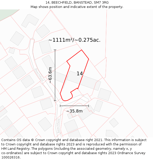 14, BEECHFIELD, BANSTEAD, SM7 3RG: Plot and title map