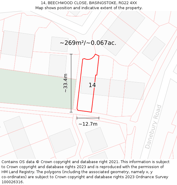 14, BEECHWOOD CLOSE, BASINGSTOKE, RG22 4XX: Plot and title map