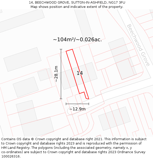 14, BEECHWOOD GROVE, SUTTON-IN-ASHFIELD, NG17 3FU: Plot and title map