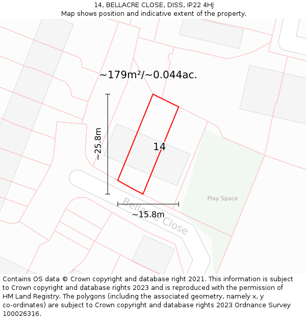 14, BELLACRE CLOSE, DISS, IP22 4HJ: Plot and title map