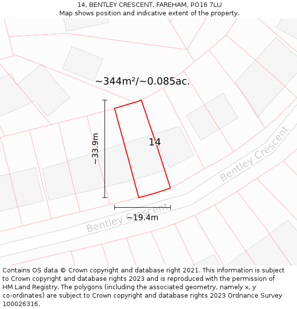 14, BENTLEY CRESCENT, FAREHAM, PO16 7LU: Plot and title map