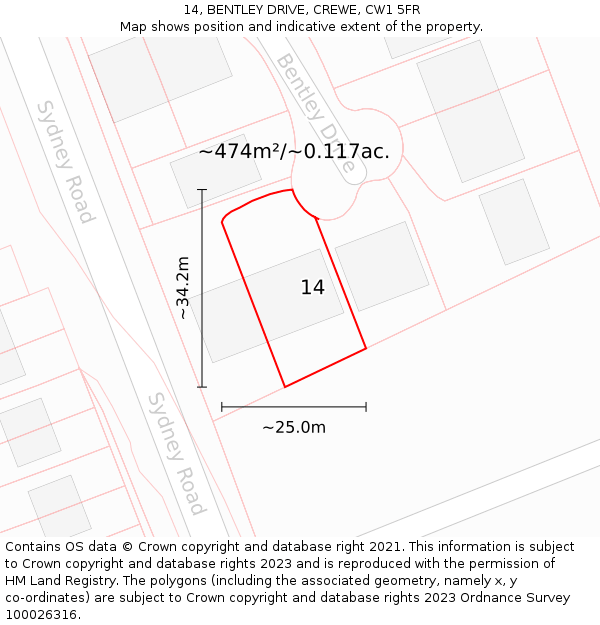 14, BENTLEY DRIVE, CREWE, CW1 5FR: Plot and title map