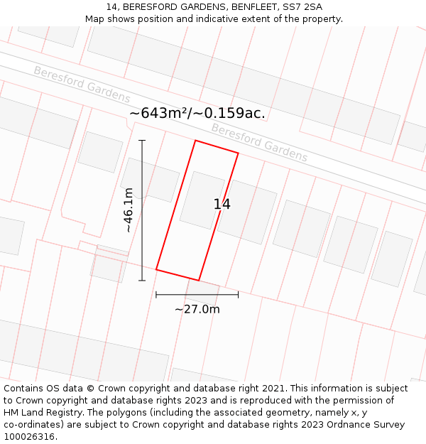 14, BERESFORD GARDENS, BENFLEET, SS7 2SA: Plot and title map