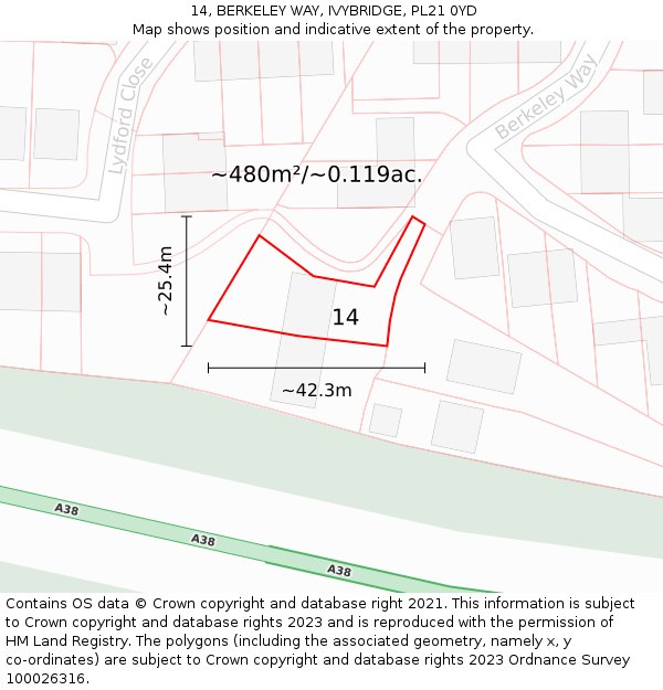 14, BERKELEY WAY, IVYBRIDGE, PL21 0YD: Plot and title map