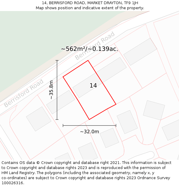 14, BERRISFORD ROAD, MARKET DRAYTON, TF9 1JH: Plot and title map