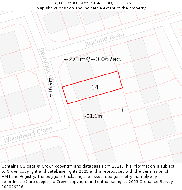 14, BERRYBUT WAY, STAMFORD, PE9 1DS: Plot and title map