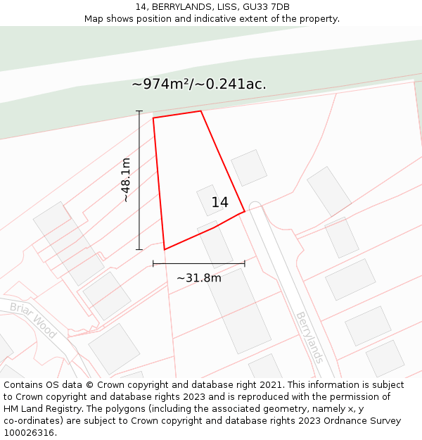 14, BERRYLANDS, LISS, GU33 7DB: Plot and title map