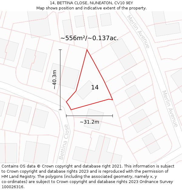 14, BETTINA CLOSE, NUNEATON, CV10 9EY: Plot and title map