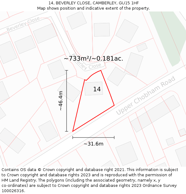 14, BEVERLEY CLOSE, CAMBERLEY, GU15 1HF: Plot and title map