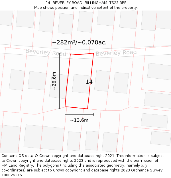 14, BEVERLEY ROAD, BILLINGHAM, TS23 3RE: Plot and title map