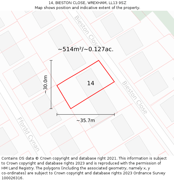 14, BIESTON CLOSE, WREXHAM, LL13 9SZ: Plot and title map