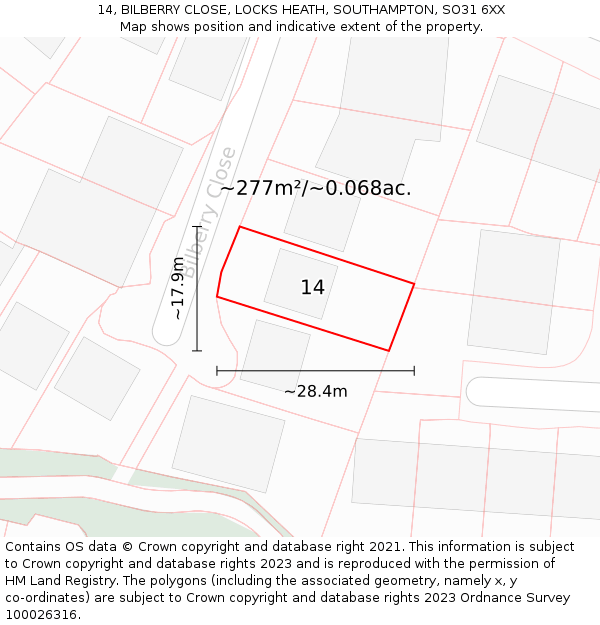 14, BILBERRY CLOSE, LOCKS HEATH, SOUTHAMPTON, SO31 6XX: Plot and title map