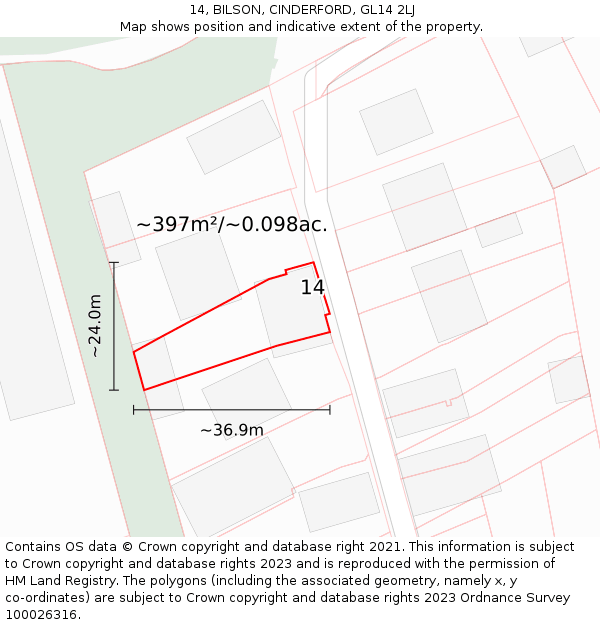 14, BILSON, CINDERFORD, GL14 2LJ: Plot and title map