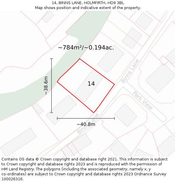 14, BINNS LANE, HOLMFIRTH, HD9 3BL: Plot and title map