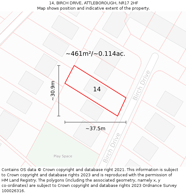 14, BIRCH DRIVE, ATTLEBOROUGH, NR17 2HF: Plot and title map