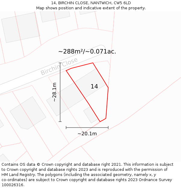 14, BIRCHIN CLOSE, NANTWICH, CW5 6LD: Plot and title map