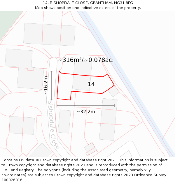14, BISHOPDALE CLOSE, GRANTHAM, NG31 8FG: Plot and title map