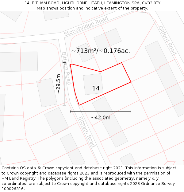 14, BITHAM ROAD, LIGHTHORNE HEATH, LEAMINGTON SPA, CV33 9TY: Plot and title map