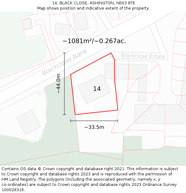 14, BLACK CLOSE, ASHINGTON, NE63 8TE: Plot and title map