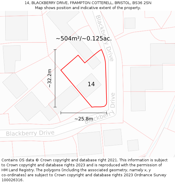 14, BLACKBERRY DRIVE, FRAMPTON COTTERELL, BRISTOL, BS36 2SN: Plot and title map