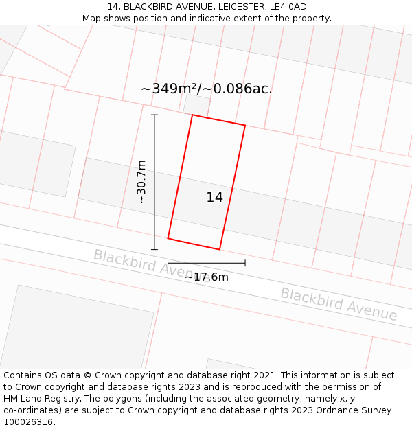 14, BLACKBIRD AVENUE, LEICESTER, LE4 0AD: Plot and title map