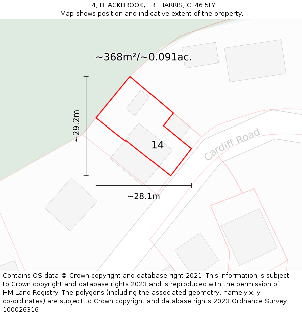 14, BLACKBROOK, TREHARRIS, CF46 5LY: Plot and title map