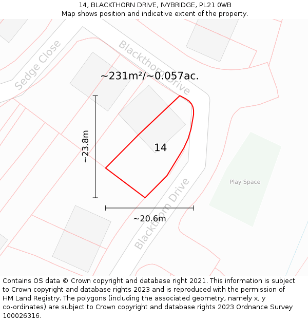 14, BLACKTHORN DRIVE, IVYBRIDGE, PL21 0WB: Plot and title map