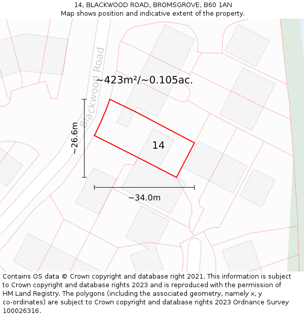 14, BLACKWOOD ROAD, BROMSGROVE, B60 1AN: Plot and title map