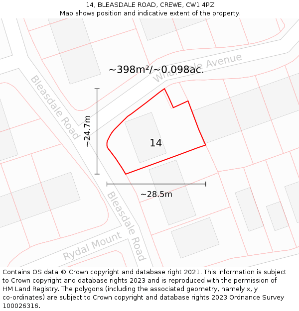 14, BLEASDALE ROAD, CREWE, CW1 4PZ: Plot and title map