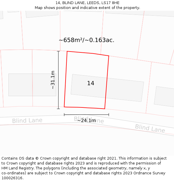 14, BLIND LANE, LEEDS, LS17 8HE: Plot and title map