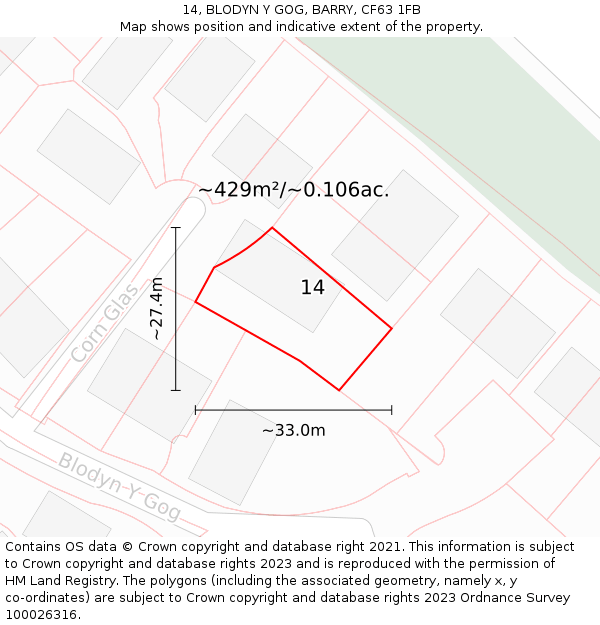 14, BLODYN Y GOG, BARRY, CF63 1FB: Plot and title map