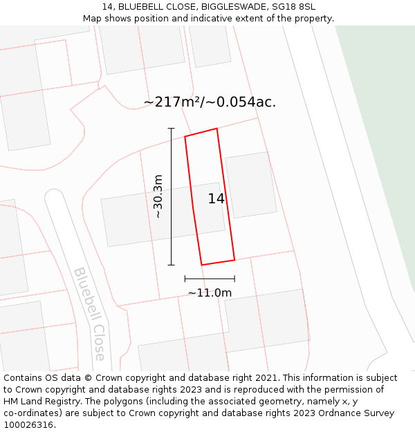 14, BLUEBELL CLOSE, BIGGLESWADE, SG18 8SL: Plot and title map