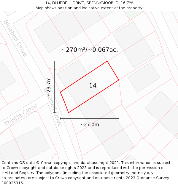 14, BLUEBELL DRIVE, SPENNYMOOR, DL16 7YA: Plot and title map