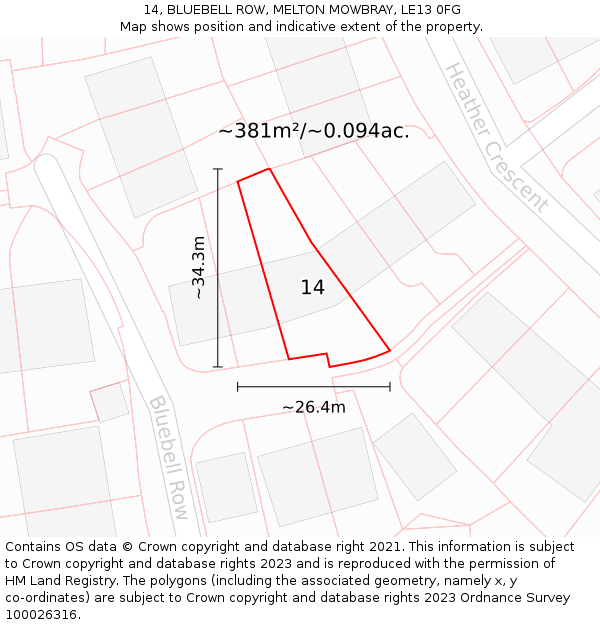 14, BLUEBELL ROW, MELTON MOWBRAY, LE13 0FG: Plot and title map