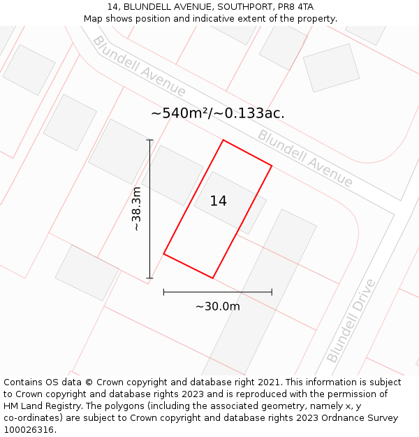 14, BLUNDELL AVENUE, SOUTHPORT, PR8 4TA: Plot and title map