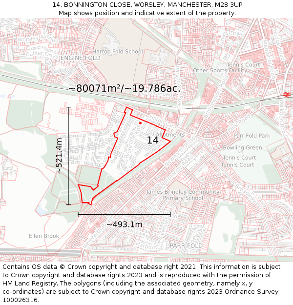 14, BONNINGTON CLOSE, WORSLEY, MANCHESTER, M28 3UP: Plot and title map