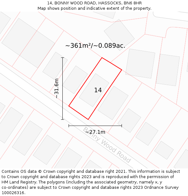 14, BONNY WOOD ROAD, HASSOCKS, BN6 8HR: Plot and title map