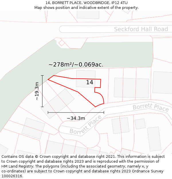 14, BORRETT PLACE, WOODBRIDGE, IP12 4TU: Plot and title map